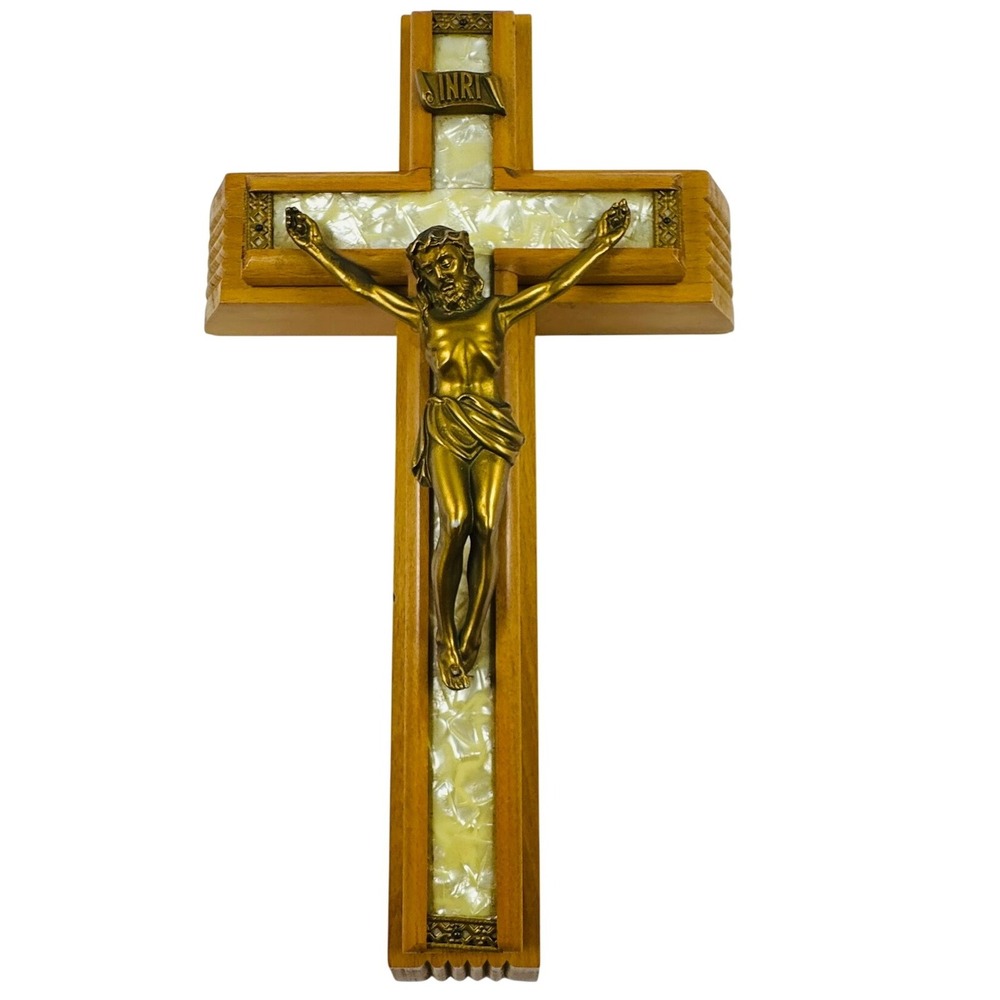 Vintage Last Rites Crucifix Hidden Compartment Candles Brass Accents MOP Inlaid